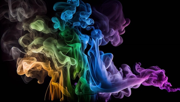 Primo piano di fumo colorato su uno sfondo nero ai generativo