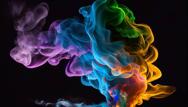 Primo piano di fumo colorato su uno sfondo nero ai generativo