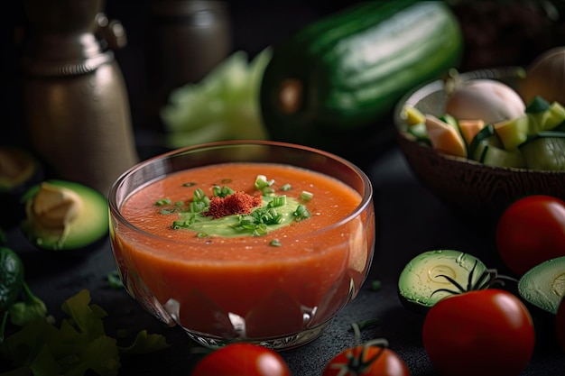 Primo piano di gazpacho con ingredienti visibili e testurizzati