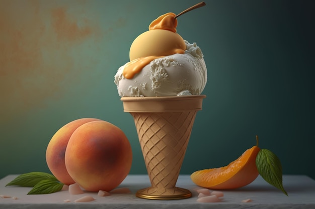 Primo piano di gelato alla frutta e albicocca in un cono di cialda Rinfrescante dessert vegano freddo Illustrazione di cibo creata da Generative AI