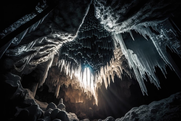 Primo piano di ghiaccioli appesi al soffitto di una grotta ghiacciata illuminata da luce naturale creata wi