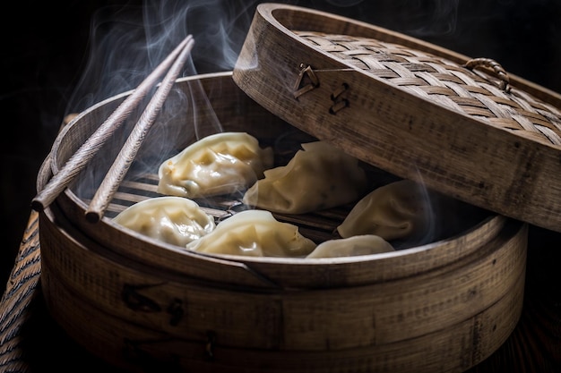 Primo piano di gnocchi caldi di gyoza nel piroscafo di legno