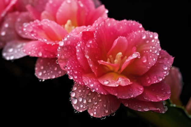 Primo piano di goccioline d'acqua sui fiori di cactus dopo la pioggia creata con l'IA generativa