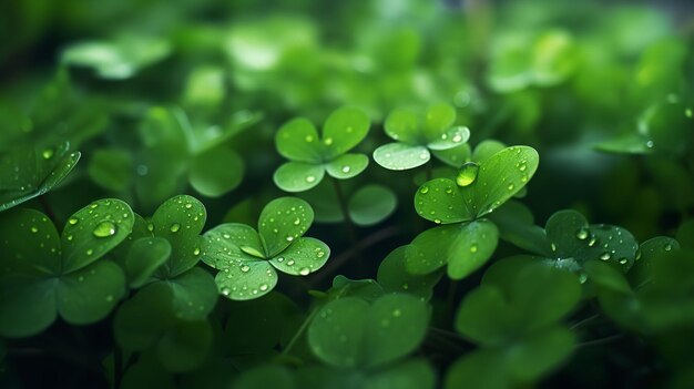 Primo piano di goccioline d'acqua sulle foglie di trifoglio su uno sfondo organico verde scuro di piante umide AI generativa