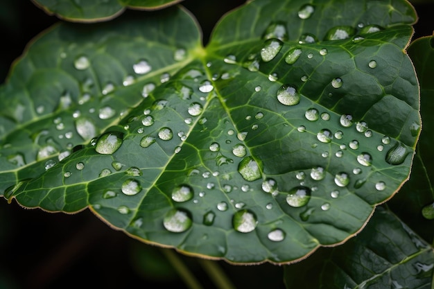 Primo piano di goccioline di rugiada sulla foglia della pianta che creano un motivo naturale