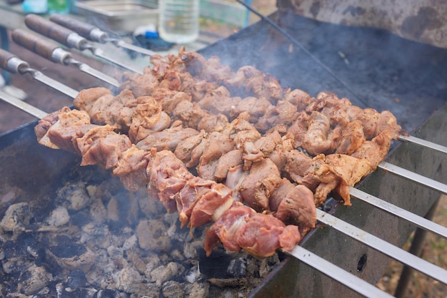 Primo piano di grande tacchino marinato o shashlik di bistecca di carne di pollo o shish kebab che prepara la cottura sulla griglia del braciere del barbecue sopra il carbone sul carbone ardente Spiedini arrostiti allo spiedo sulla griglia del barbecue