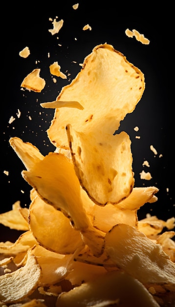 Primo piano di grandi briciole di chip che schizzano