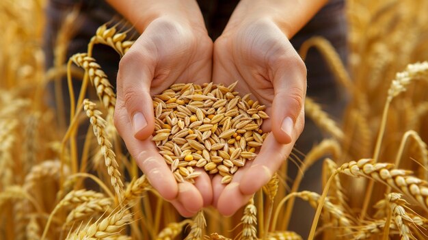 primo piano di grano e orecchie di mais nelle mani