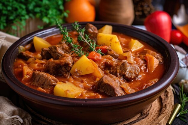 Primo piano di gulasch ungherese con pezzi di tenero manzo cipolle e patate