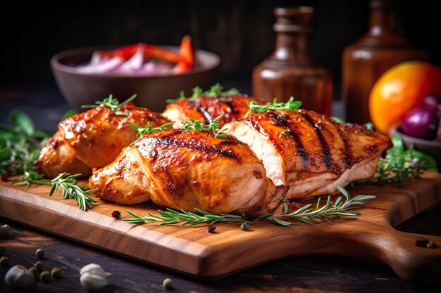 Primo piano di gustoso petto di pollo arrosto servito su tavola di legno Pollo alla griglia IA generativa