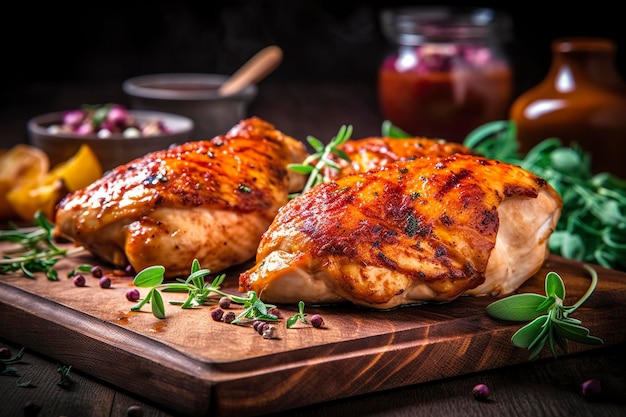 Primo piano di gustoso petto di pollo arrosto servito su tavola di legno Pollo alla griglia IA generativa