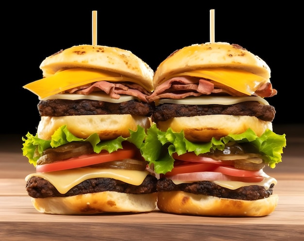 Primo piano di hamburger extra alto con ingredienti deliziosi