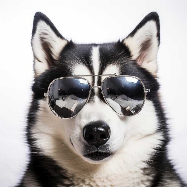 Primo piano di Husky con occhiali da sole su sfondo bianco