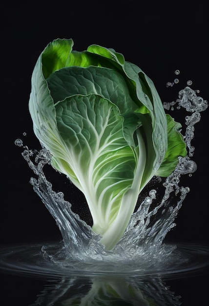 Primo piano di insalata di cavolo con spruzzi d'acqua sulla superficie generativa ai