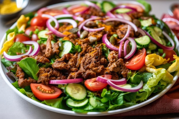 Primo piano di insalata di shawarma colorata e croccante riempita con cetrioli di pomodori verdi freschi