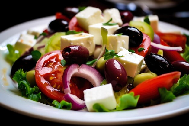 Primo piano di insalata greca con formaggio feta di verdure fresche e olive Kalamata su un piatto bianco