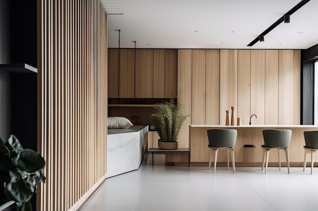 Primo piano di interni domestici minimalisti con linee eleganti e pulite e materiali naturali