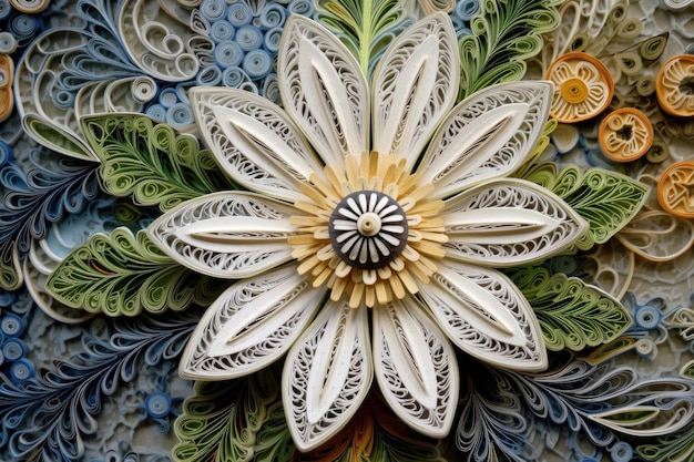 Primo piano di intricate opere d'arte di fiori quilled create con intelligenza artificiale generativa