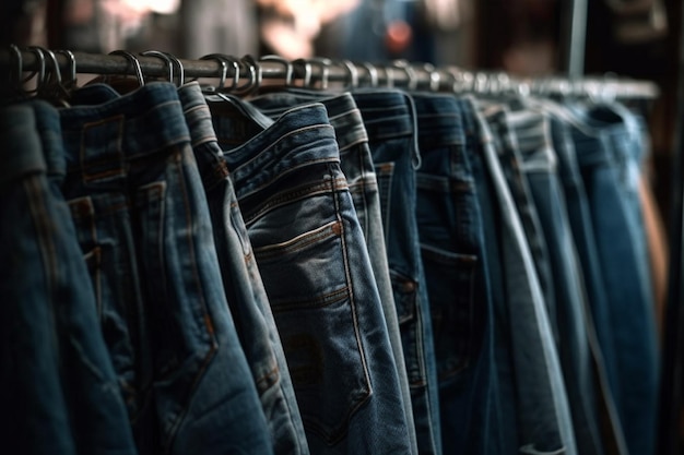 Primo piano di jeans appesi in negozio per la vendita