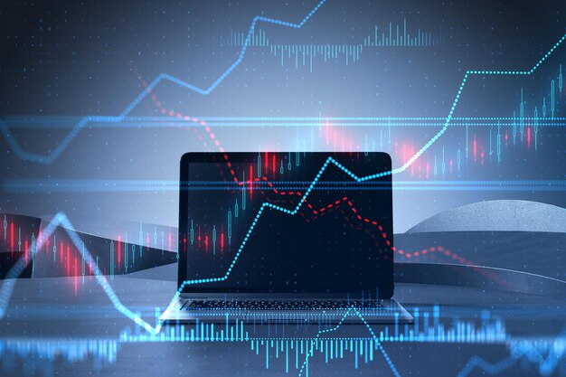 Primo piano di laptop con grafico forex luminoso creativo su sfondo sfocato Statistiche sull'economia finanziaria commerciale Doppia esposizione