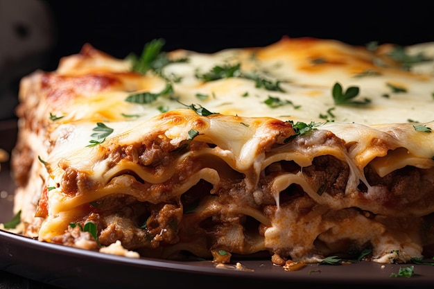 Primo piano di lasagne con strati cremosi e di formaggio visibili