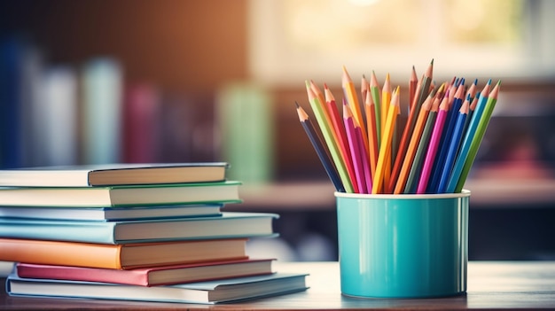 Primo piano di libri e matite colorate su uno sfondo sfocato scrivania scuola moderna