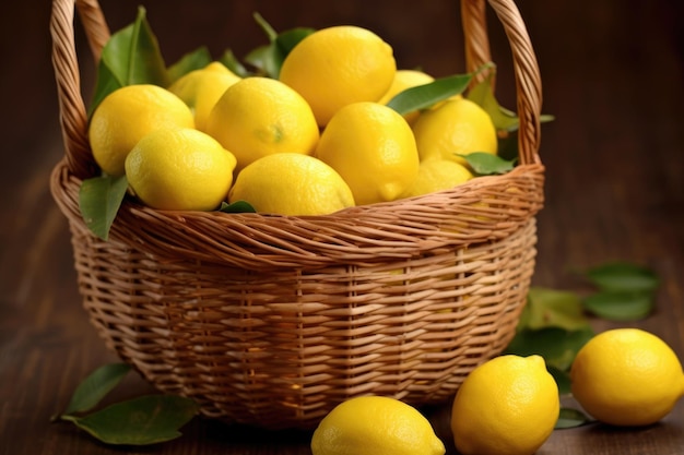 Primo piano di limoni freschi in un cesto di vimini creato con ai generativa