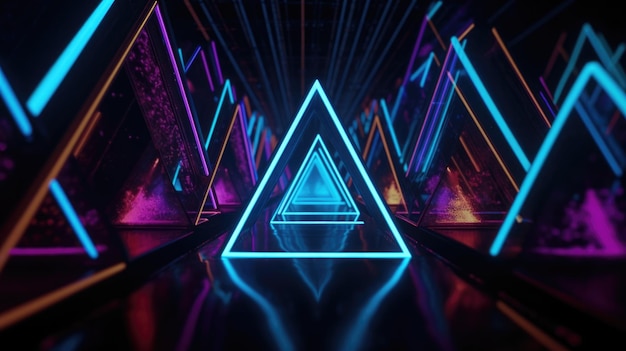 Primo piano di luci al neon colorate che formano forme triangolari in prospettiva IA generativa AIG21