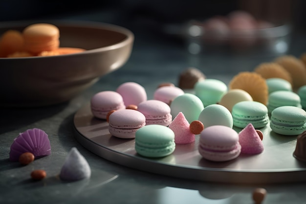 Primo piano di macarons colorati sul tavolo AI generato