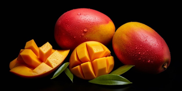 Primo piano di mango succoso e maturo su uno sfondo semplice ai generativo