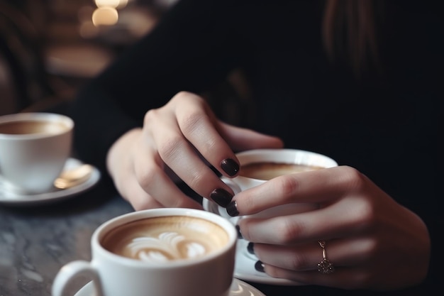 Primo piano di mani delicate che sorseggiano caffè e assaporano il momento creato con l'IA generativa