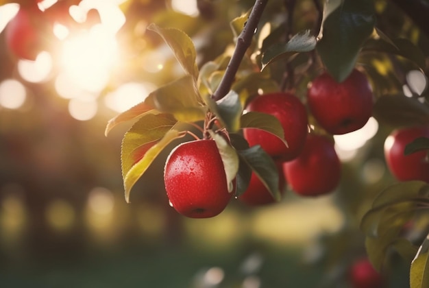 primo piano di mele rosse fresche su un albero con bokeh e luce solare sullo sfondo ai generativo