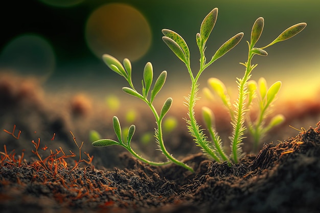 Primo piano di minuscole piantine verdi che spuntano nel terreno