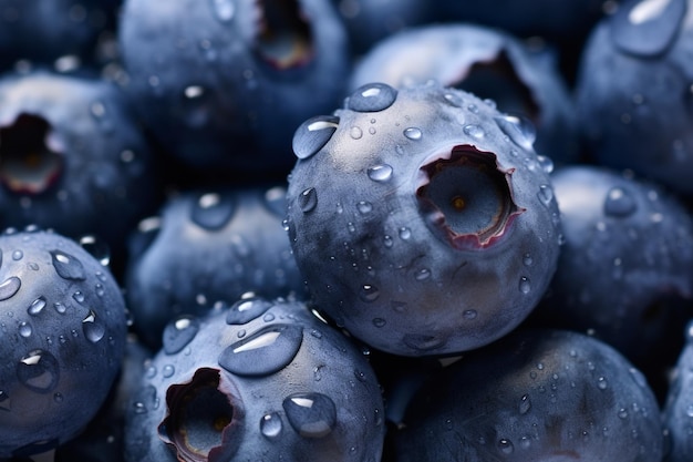 Primo piano di mirtilli freschi e gocce d'acqua, nutrizione sana