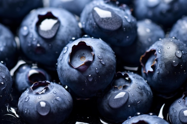 Primo piano di mirtilli freschi e gocce d'acqua, nutrizione sana