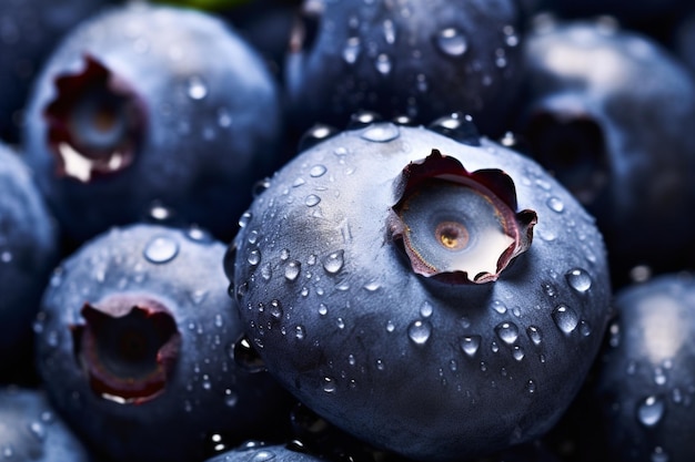 Primo piano di mirtilli freschi e gocce d'acqua, nutrizione sana