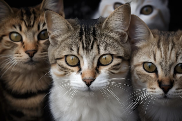 Primo piano di molti occhi di gatti che guardano tutti dritto verso la fotocamera creata con l'IA generativa