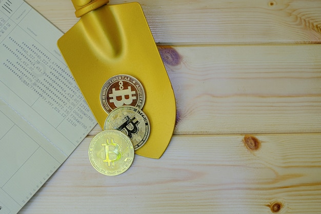 Primo piano di monete bitcoin d'oro sul libretto bancario con una pala d'oro su un tavolo di legno