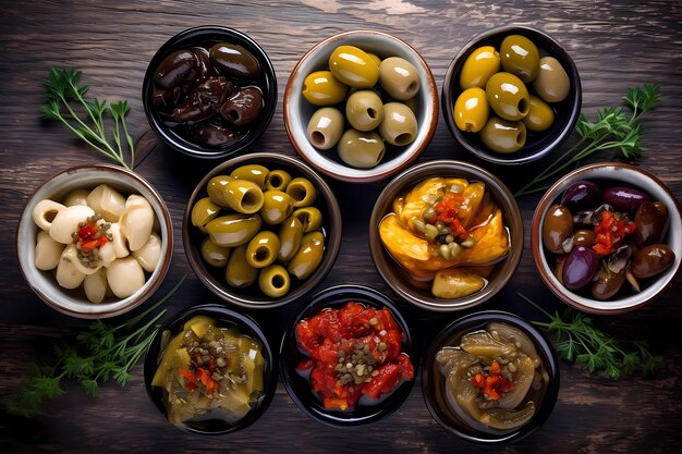 primo piano di olive marinate con erbe e spezie in un tavolo di legno