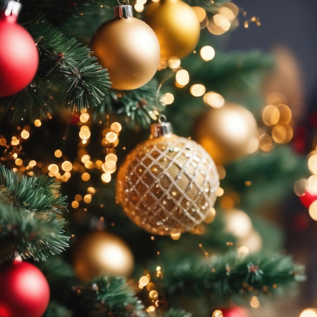 Primo piano di ornamenti rossi e dorati dell'albero di Natale su uno sfondo di luci sfocate