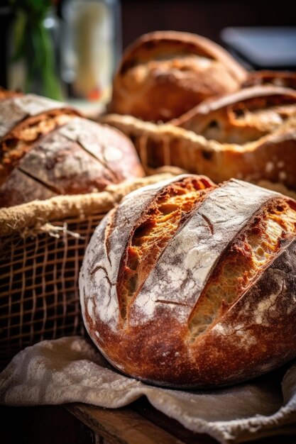 Primo piano di pagnotte di pane artigianale appena sfornate create con ai generativo