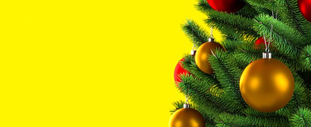 Primo piano di palline sull'albero di Natale. Sfondo giallo. Anno nuovo concetto. Illustrazione di rendering 3D.