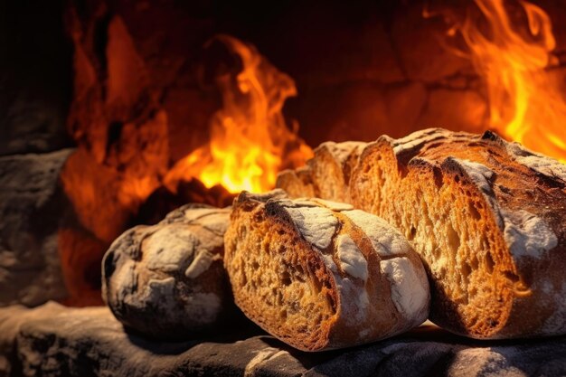Primo piano di pane artigianale croccante in forno a pietra creato con ai generativo