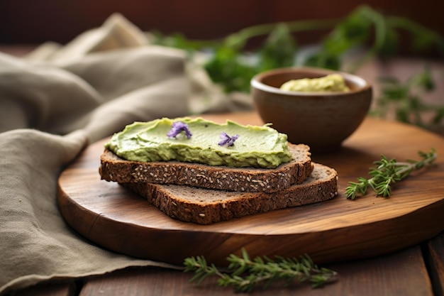 Primo piano di pane integrale e crema di avocado