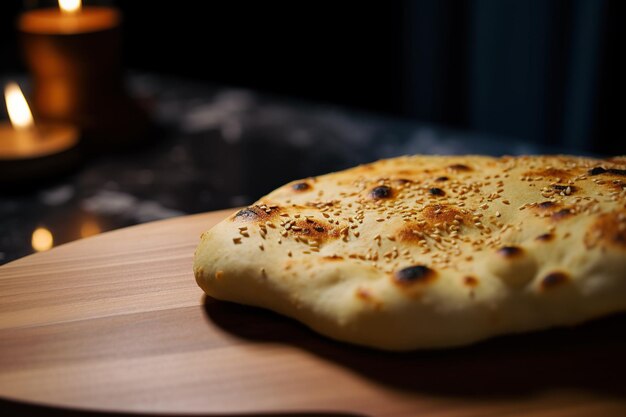 Primo piano di pane naan appena sfornato su un vassoio di legno con perfetta cottura