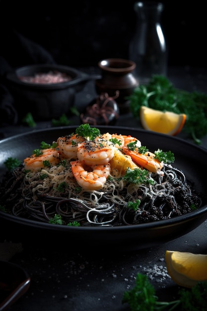 primo piano di pasta al nero di seppia e gamberetti IA generativa