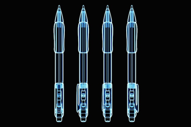 Primo piano di penne al neon blu trasparenti su sfondo nero Illustrazione 3D Cancelleria