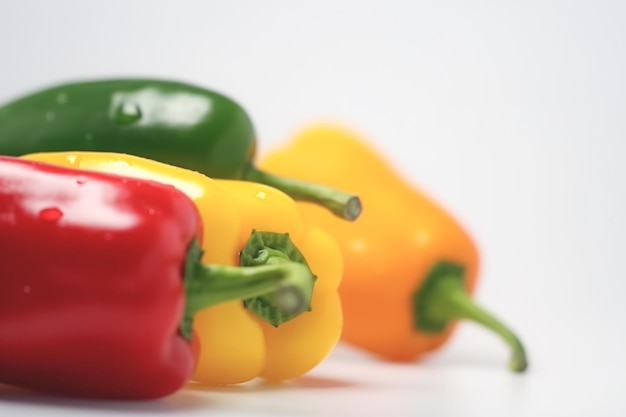 Primo piano di peperoni su sfondo bianco con spazio per la copia Concetto di cibo vegetariano vegano sano