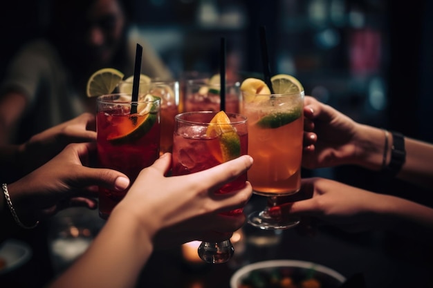 Primo piano di persone che festeggiano i cocktail in un bar Amici allegri che tintinnano i bicchieri IA generativa