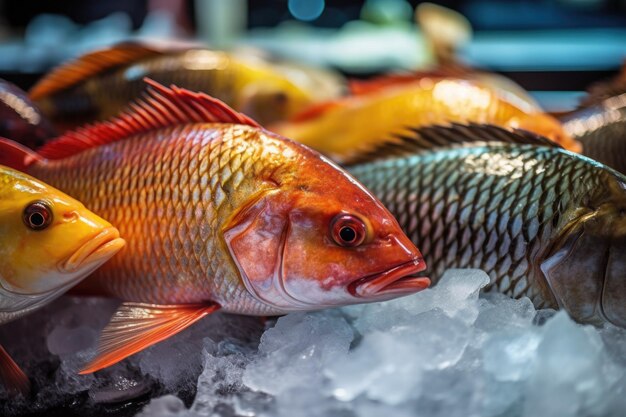 Primo piano di pesce fresco su ghiaccio esposto in un mercato creato con intelligenza artificiale generativa